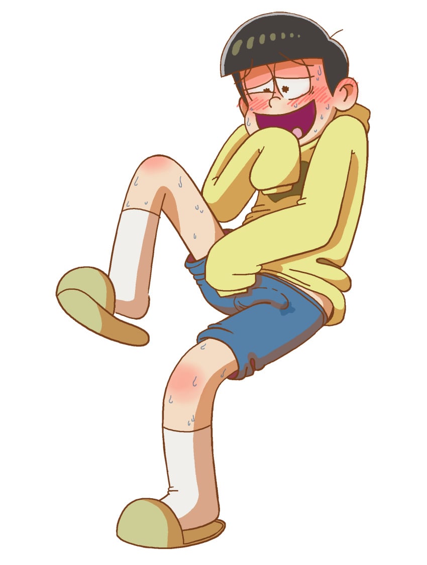 black_hair blush blush clothed cum_stain hoodie long_sleeves male matsuno_jyushimatsu open_mouth osomatsu-kun osomatsu-san shorts slippers sweat sweating