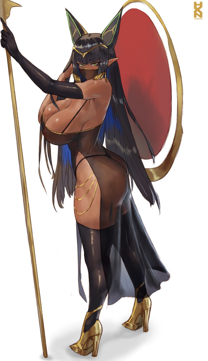 1girls animal_ears big_ass big_breasts black_gloves black_thighhighs cleavage curvaceous curvy curvy_figure dark-skinned_female dress egyptian_clothes egyptian_female female female_focus female_only gloves harem_outfit heels high_heels howxen huge_ass huge_breasts jewelry long_hair mouth_veil see-through see-through_clothing sleeves solo solo_focus staff thighhighs voluptuous voluptuous_female