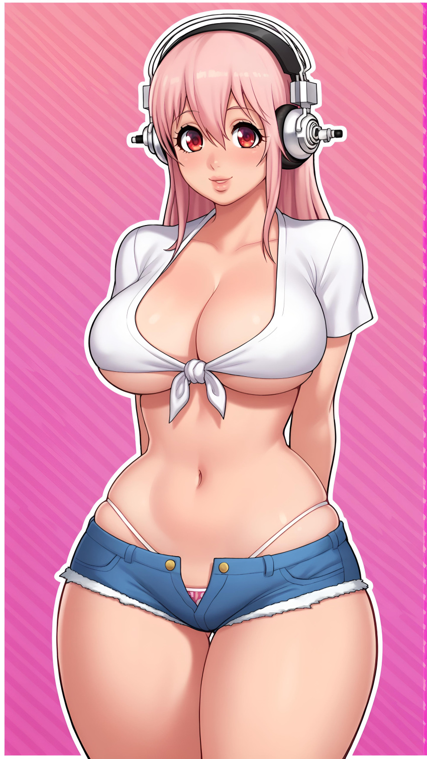 ai_generated ai_loverhoney cleavage headphones pink_hair super_sonico thick_thighs thong