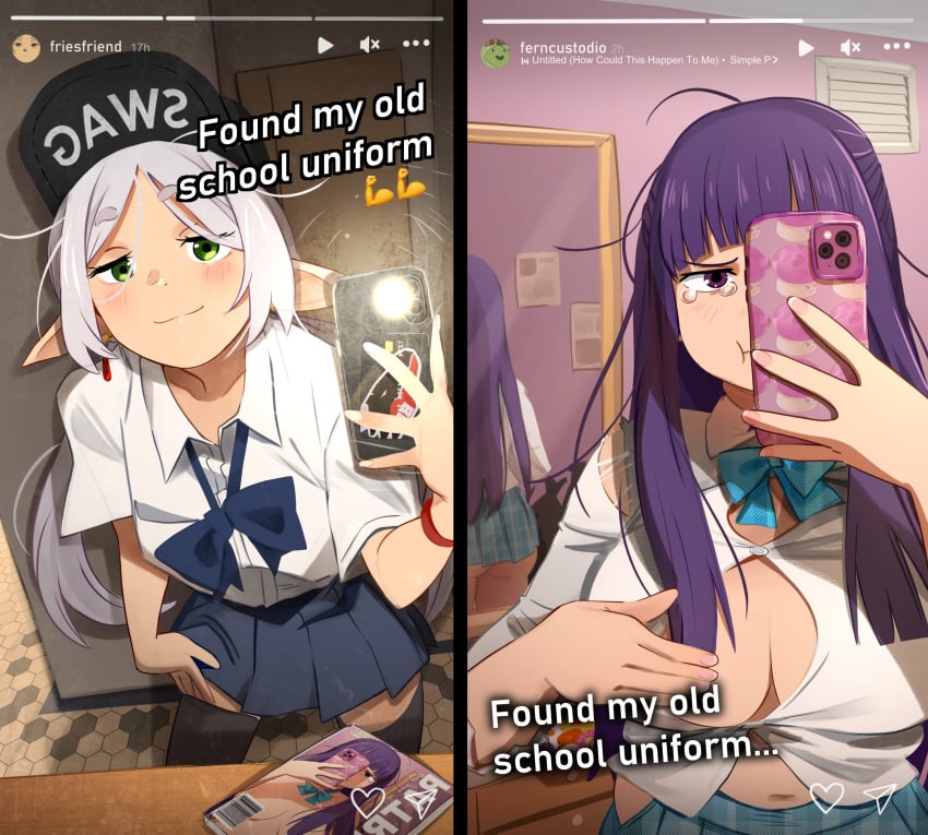 2025 2girls anime big_breasts blush cleavage comedic elf elf_ears emoji fern_(sousou_no_frieren) frieren frieren_beyond_journey's_end funny green_eyes hat instagram khyleri magazine magazine_cover meme messy_room mirror mirror_reflection mirror_selfie picture purple_eyes purple_hair sad school_uniform selfie silver_hair smile sousou_no_frieren stomach swag swag_hat tears text tight_clothing tight_fit tummy twitter_link white_hair