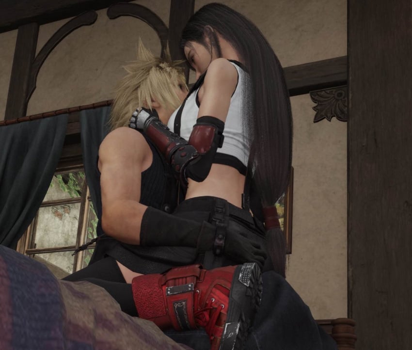 1girl1boy belly_button big_breasts black_hair blonde_hair boots cloud_strife couple couple_(romantic) cowgirl_position final_fantasy final_fantasy_vii final_fantasy_vii_remake gameplay gloves grabbing grabbing_ass hand_on_face ingame_model intimate legs_open long_hair looking_at_partner on_top open_legs short_hair skirt sports_bra spread_legs tagme thighhighs tifa_lockhart top what_if