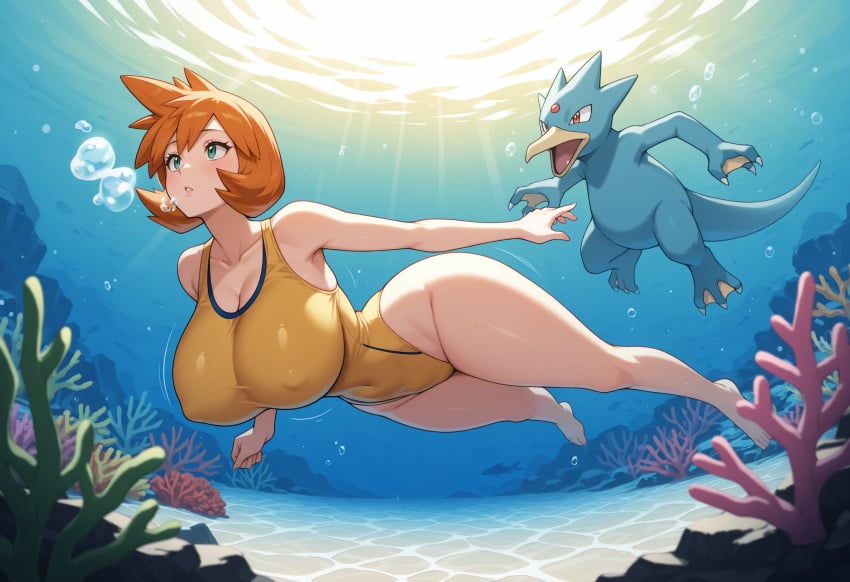 ai_generated air_bubble ass asymmetrical_hair bangs bare_legs bare_shoulders barefoot blush breasts breath bubble cleavage clothing competition_swimsuit covered_navel curvaceous feet female female_only freediving full_body golduck green_eyes huge_ass huge_breasts kasumi_(pokemon) large_ass large_breasts legs looking_at_viewer misty_(pokemon_hgss) navel ocean one-piece_swimsuit open_mouth orange_hair outdoors parted_lips pokemon pokemon_character pokemon_gsc pokemon_hgss pokemon_species ponytail pool shiny shiny_skin short_hair side_ponytail smile solo standing swimming swimsuit tank_suit thick_ass thick_thighs thighs tied_hair toes underwater water wide_hips