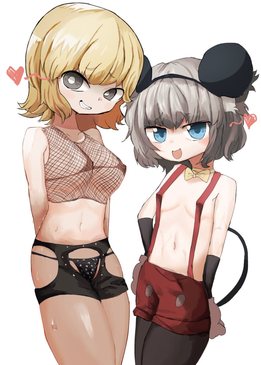 2girls arms_behind_back artist_request bikini_top black_stockings blonde_hair blue_eyes cookie_(touhou) fake_animal_ears fake_meguru_(cookie) fake_tail fishnet_clothing grey_eyes grey_hair hand_on_hip heart_symbol highres marisa_kirisame medium_breasts meguru_(cookie) nazrin nyon_(cookie) open_mouth overalls short_hair shorts smile sweat tagme thong topless touhou white_background white_gloves white_pupils yellow_bowtie