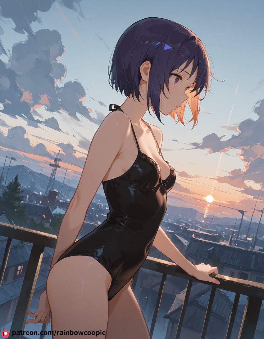 ai_generated beautfiul_background disappointed moonlight overcast_sky railing sairenji_haruna small_breasts snowy stunning_backgroud {others}flashing_her_tits