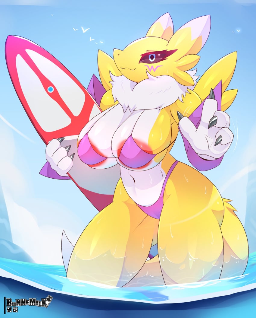 1girls 2023 anthro areolae armwear big_breasts bikini black_sclera blue_eyes bunnemilk digimon digimon_(species) female female_only fur furry hi_res in_water looking_at_viewer purple_bikini renamon sharp_fingernails smiling smiling_at_viewer solo surfboard thick_thighs