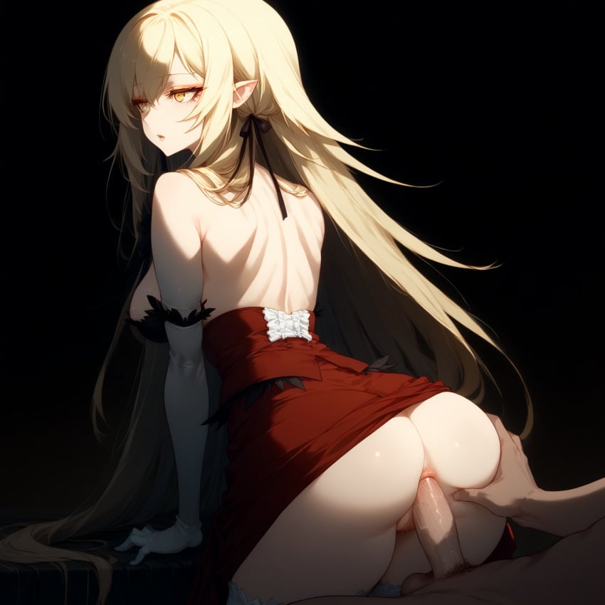 ai_generated anal anal_sex ass ass_focus bakemonogatari blonde_female blonde_hair blonde_hair_female clothed clothed_female clothing dick dress echodantalian elbow_gloves eye_contact eyelashes from_behind full_body gloves kiss-shot_acerola-orion_heart-under-blade long_hair long_hair_female monogatari_(series) nisemonogatari oshino_shinobu penis red_dress stockings stockings_thigh_highs strapless very_long_hair_female white_stockings