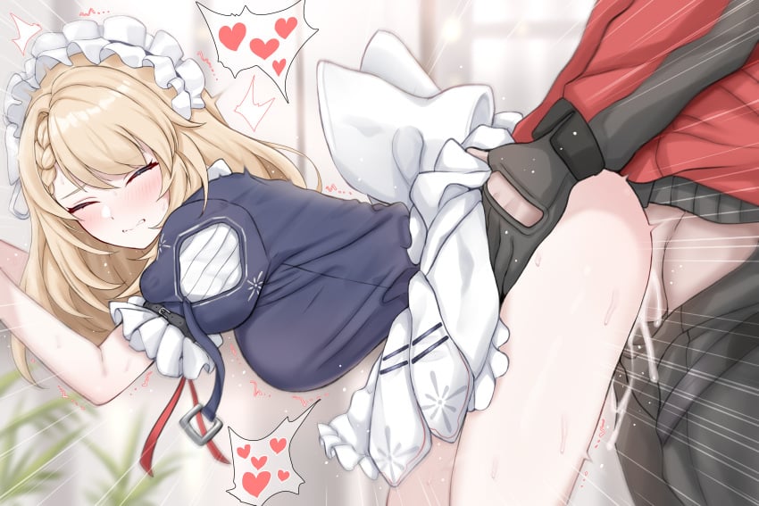 1boy absurdres black_gloves blonde_hair blue_dress blush bottomless breasts clenched_teeth closed_eyes clothes_lift commander_(girls'_frontline) commentary cum cum_overflow daram_(shappydude) doggy_style dress dress_lift female from_side g36_(girls'_frontline) girls'_frontline girls'_frontline_2:_exilium gloves heart highres indoors large_breasts large_variant_set long_hair maid_headdress penis sex standing standing_sex teeth testicles trembling variant_set