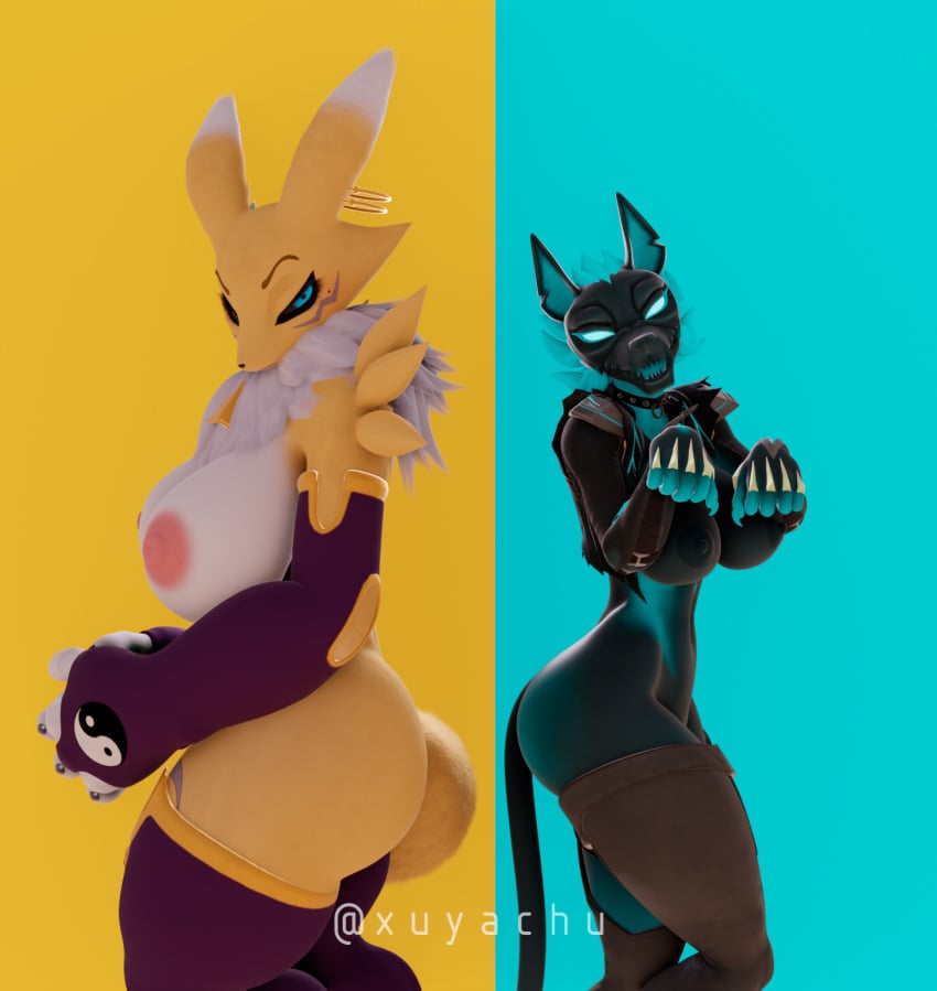 2girls anthro breasts cerberus_(fortnite) fox furry looking_at_viewer renamon renamon_(dogzeela)