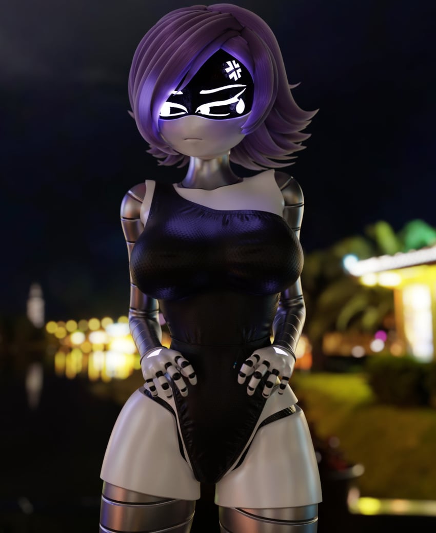 1girls 3d ass big_ass big_breasts big_thighs blush breasts bysamzan drone embarrassed female female_focus female_only glitch_productions murder_drones night night_sky outdoors outside purple_eyes purple_hair robot robot_girl short_hair swimsuit tagme thick_thighs thighs uzi_(murder_drones)