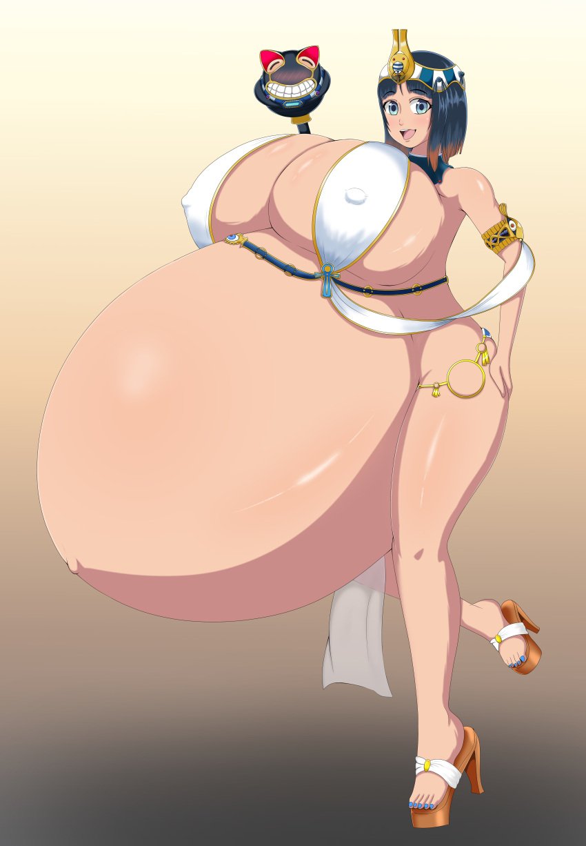 1girls belly belly_bigger_than_body black_hair bloated_belly blue_eyes breasts breasts_bigger_than_head breasts_on_belly egyptian_female female female_focus gigantic_belly gigantic_breasts headwear high_heels hyper hyper_belly hyper_breasts hyper_pregnancy jewelry looking_at_viewer menace nipple_bulge pregnant pregnant_female queen&#039;s_blade ready_to_pop round_belly short_hair simple_background thick_thighs thighs timaeus