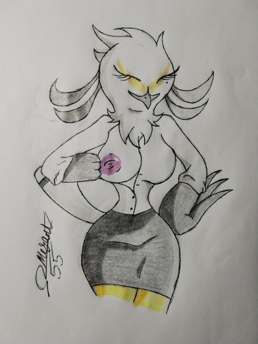 aggressive_retsuko aggretsuko animal_humanoid anime big_areola big_ass big_breasts big_butt big_nipples bird_girl bird_humanoid bird_tail furry furry_female furry_only netflix netflix_character omegart55 secretary secretary_bird secretary_outfit secretary_washimi washimi white_body white_fur