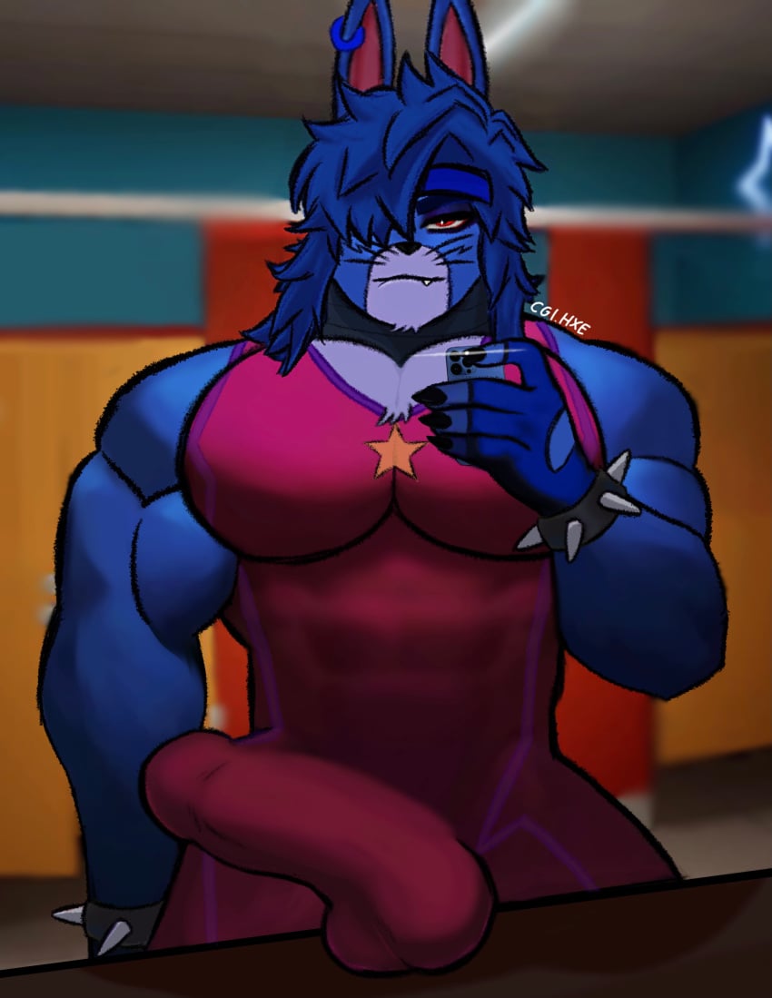 abs balls bathroom biceps big_bulge big_muscles big_pecs big_pectorals blue_body blue_fur blue_hair boner bonnie_(fnaf) bulge bunny bunny_boy five five_nights_at_freddy&#039;s five_nights_at_freddy&#039;s:_security_breach glamrock_bonnie_(fnaf) humanoid male male_only muscles muscular muscular_anthro pecs pectorals penis red_clothing restroom_stall robot solo solo_male spandex thick_forearms thick_penis