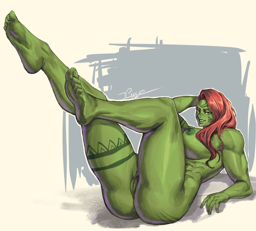 ass barefoot big_ass big_butt breast breasts butt feet female green-skinned_female green_skin huge_breasts long_hair looking_at_viewer monster monster_girl orc orc_female pussy red_hair solo solo_female thick_thighs thighs virgoart1509