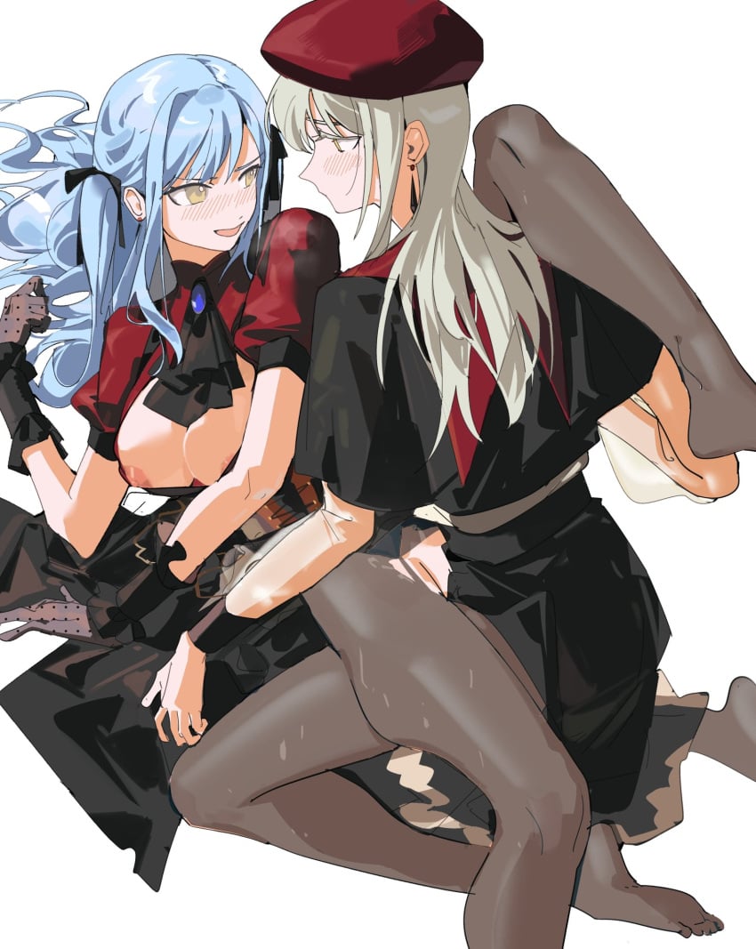 2girls artist_request ascot bang_dream! bang_dream!_it's_mygo!!!!! beret black_ascot black_capelet black_corset black_gloves black_pantyhose black_ribbon black_skirt blue_hair blush breasts capelet commentary commission corset futa_with_female futanari gloves green_hair hair_ribbon hat highres long_hair long_sleeves medium_breasts mortis_(bang_dream!) multiple_girls nipples no_shoes oblivionis_(bang_dream!) open_mouth pantyhose red_hat red_shirt ribbon second-party_source sex shirt short_sleeves simple_background skirt togawa_sakiko wakaba_mutsumi white_background yellow_eyes