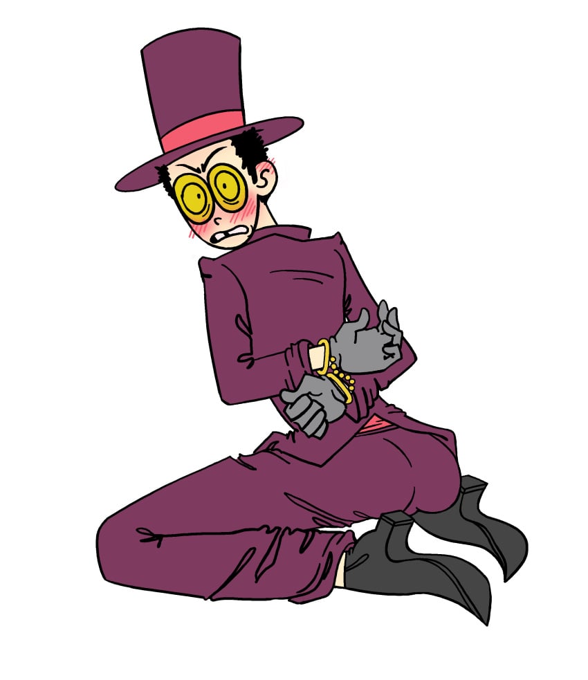 angry angry_face ass back_view black_hair blush blush clothed glasses gloves handcuffs hat heel_boots male sitting skinny skinny_male solo_male suit superjail teeth_gap the_warden