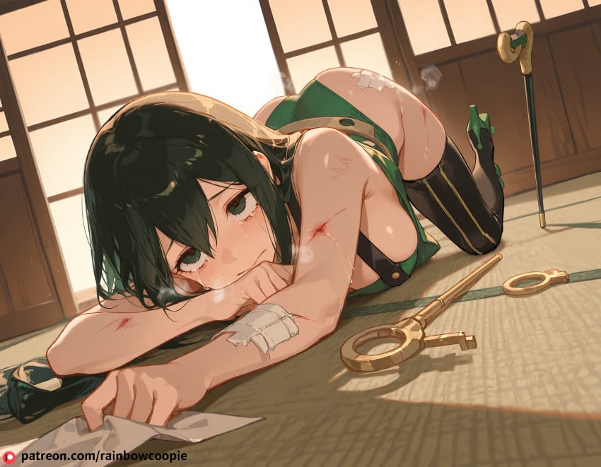 ai_generated asui_tsuyu beautfiul_background cane cowgirl_sex key large_breasts pencil scars steaming_body stunning_backgroud tatami wand wiping_tears wounded