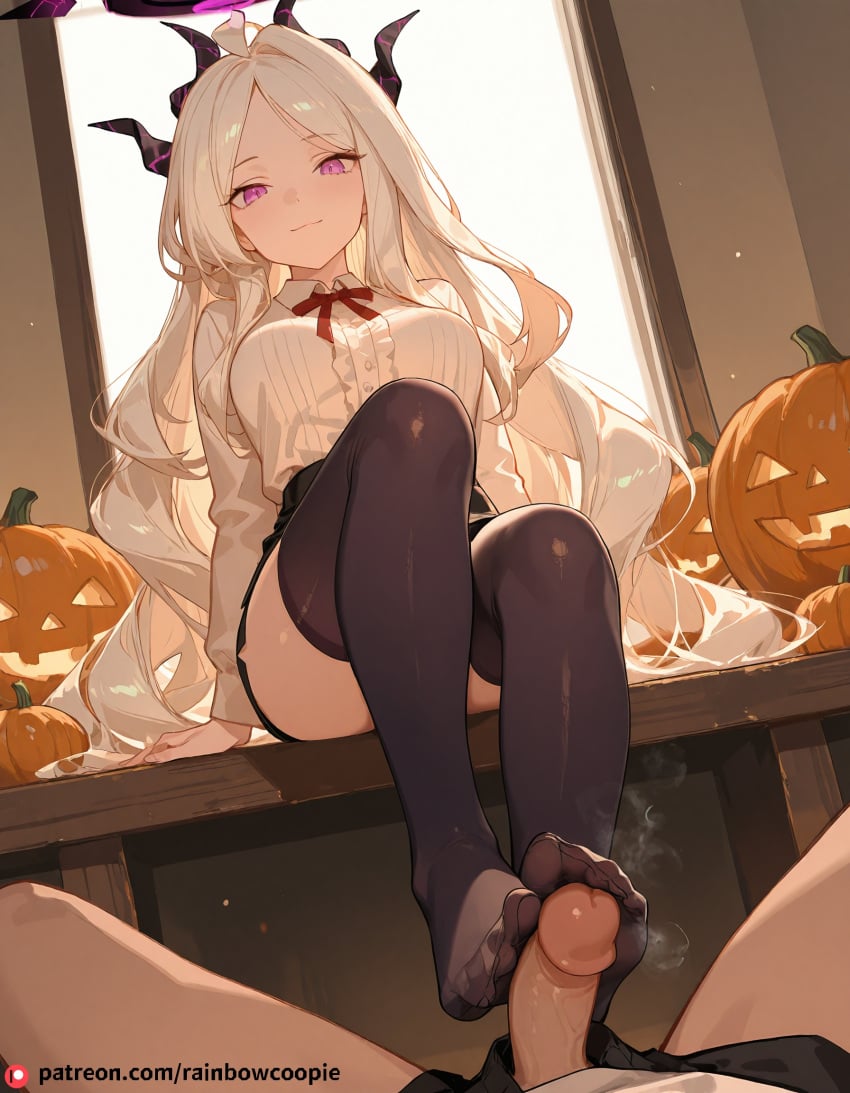 1boy ai_generated candy_cane chart food footjob hina_(blue_archive) large_breasts pov pumpkin seductive_smile steaming_body