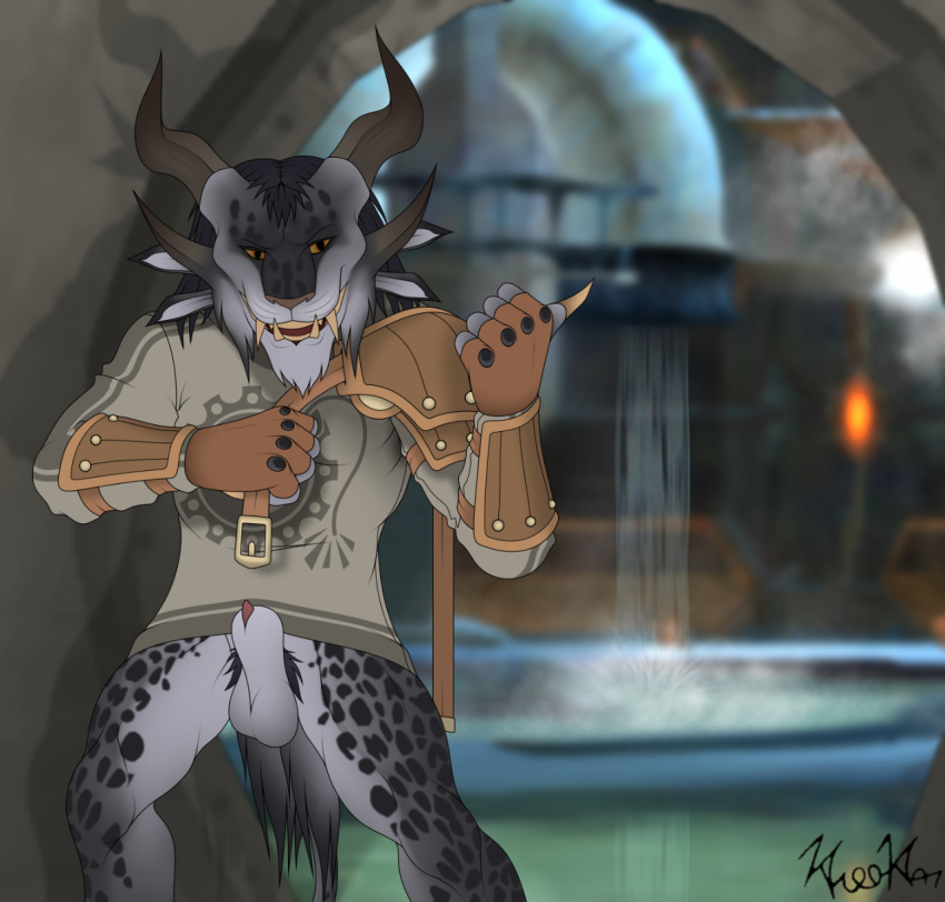 2014 5_fingers anthro armor balls charr claws clothed clothing erection feline fur grasp guild_wars guild_wars_2 hair half-closed_eyes happy hi_res horn inside kiro-kat looking_at_viewer male male_only mammal open_mouth penis pubes room sharp_claws sharp_teeth shirt shower smile solo teeth video_games water