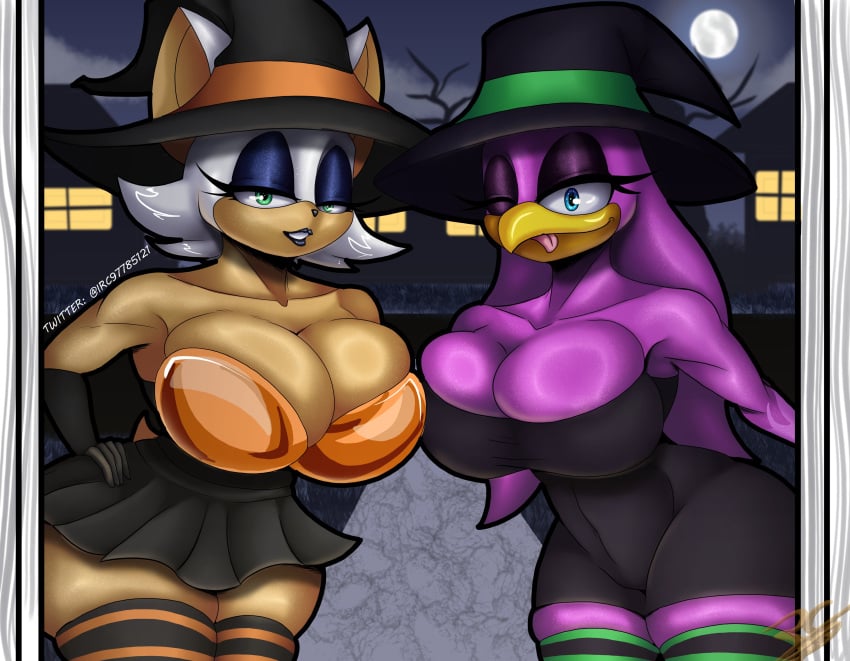 absurd_res anthro avian bat big_breasts bird blue_eyes bottomwear breasts clothed clothing costume dress duo female female/female green_eyes halloween hat headgear headwear hi_res hirundinid holidays irc_(artist) lipstick makeup mammal oscine passerine purple_body rouge_the_bat sega skirt sonic_(series) sonic_riders sonic_the_hedgehog_(series) swallow_(bird) wave_the_swallow witch_costume witch_hat