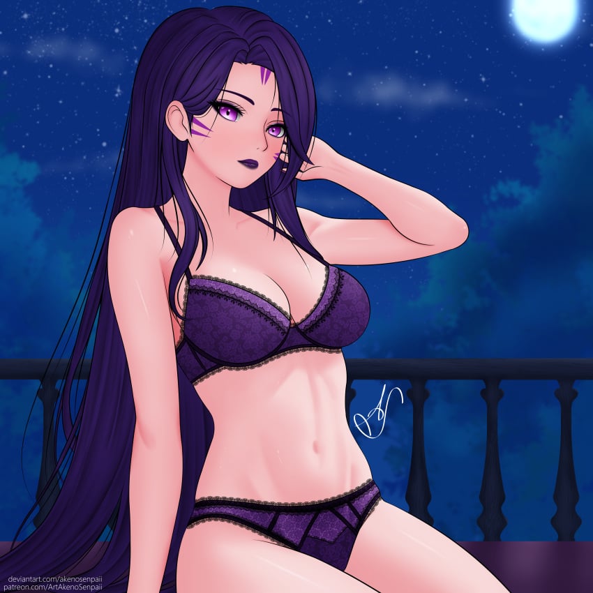 1girls akenosenpaii bra clouds hand_in_own_hair kai'sa lace league_of_legends lingerie looking_at_viewer moon night panties purple_eyes purple_hair purple_lingerie sitting solo stars tree