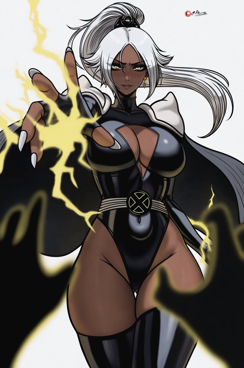 1girls big_breasts bleach breasts dark-skinned_female dark_skin female female_focus female_only fusion heroine imminent_pain looking_at_viewer marvel marvel_comics pov prixmal shihouin_yoruichi solo solo_female solo_focus storm_(x-men) superheroine superpowers thick_thighs thighs white_hair white_hair_female x-men