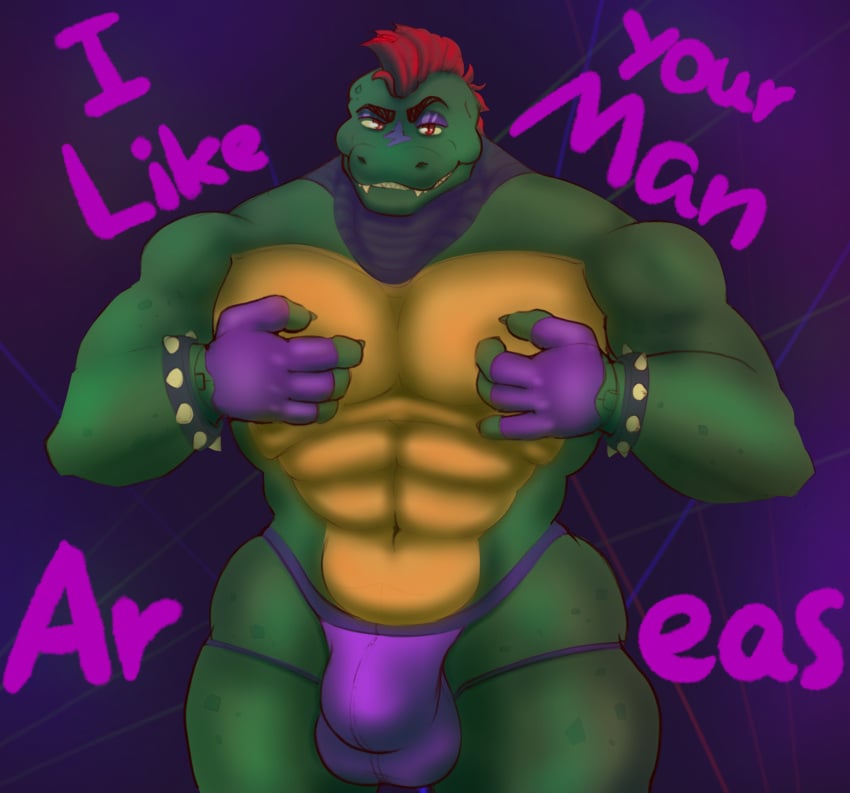 anthro ass big_butt bracelet bulge clothed clothing covering_chest five_nights_at_freddy&#039;s five_nights_at_freddy&#039;s:_security_breach hi_res humanoid jewelry jockstrap jockstrap_only lavir male male/male montgomery_gator musclegut muscular scottgames solo spiked_bracelet spikes steel_wool_studios topless underwear underwear_only wide_hips