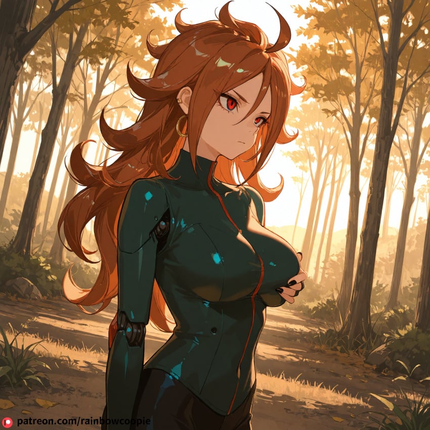 ai_generated android_21 angry beautfiul_background foggy forest group_groping large_breasts stunning_backgroud windy