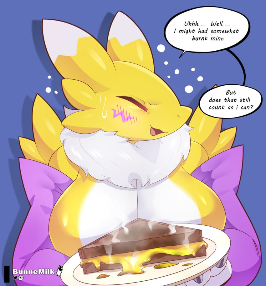 1girls 2023 anthro armwear big_breasts blush bunnemilk burnt_food closed_eyes dialogue digimon digimon_(species) english_text female female_only food fur furry hi_res plate renamon sandwich_(food) smile solo speech_bubble