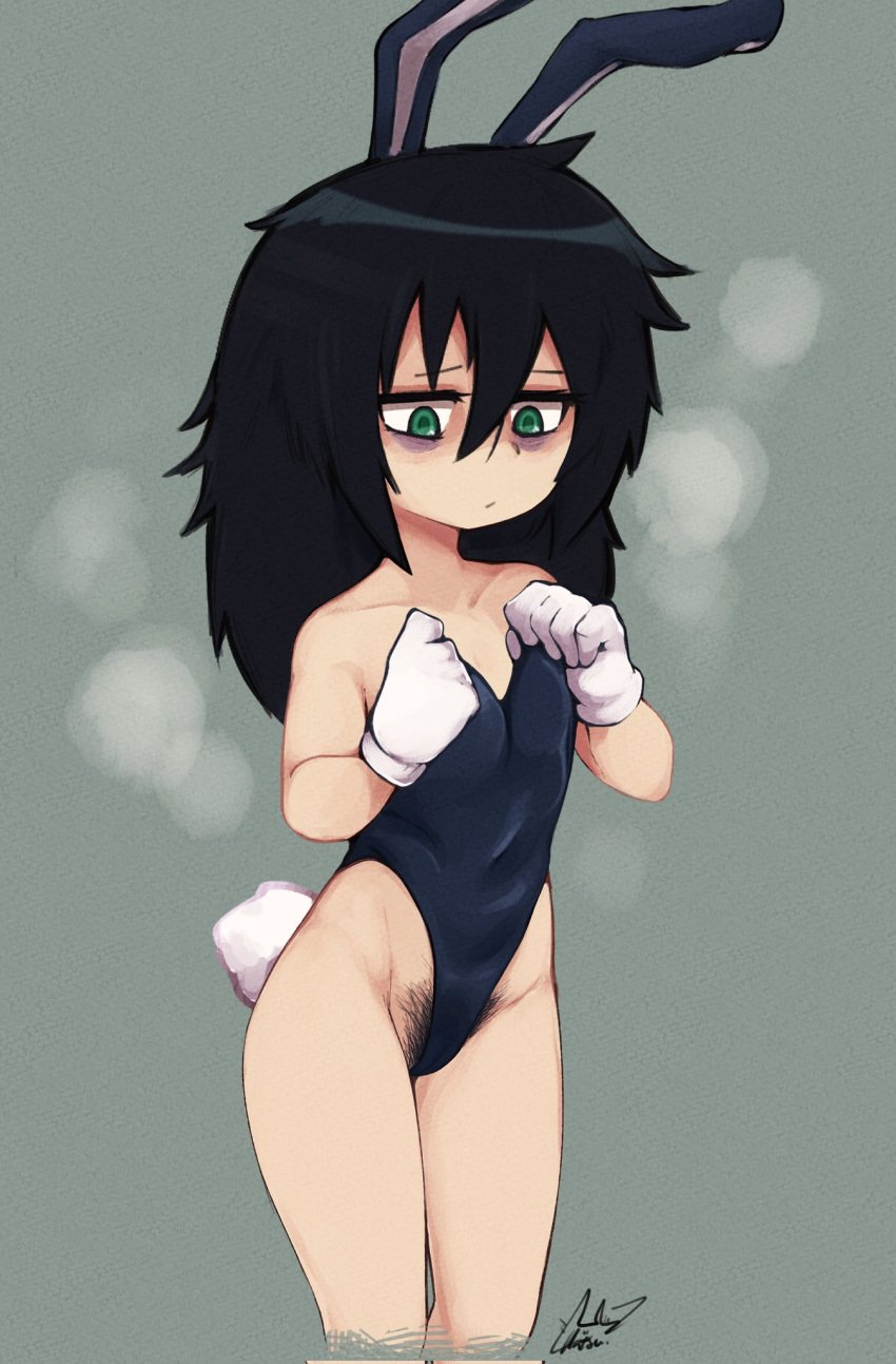 animal_ears black_hair female female_pubic_hair gloves green_eyes hair_between_eyes hatsu_(hatsumiilkshake) highres kuroki_tomoko leotard playboy_bunny pubic_hair rabbit_ears rabbit_tail simple_background solo tail watashi_ga_motenai_no_wa_dou_kangaetemo_omaera_ga_warui! white_gloves