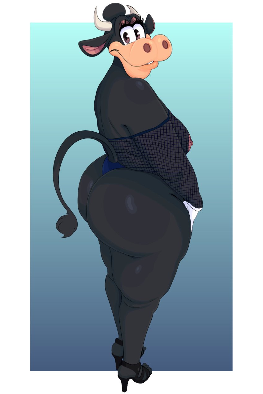 2:3 anthro areola ass big_butt boolishclara bovid bovine breasts cattle clarabelle_cow clothing disney female fishnet_clothing footwear hi_res high_heels mammal pinup pose shoes smile thick_thighs thong underwear