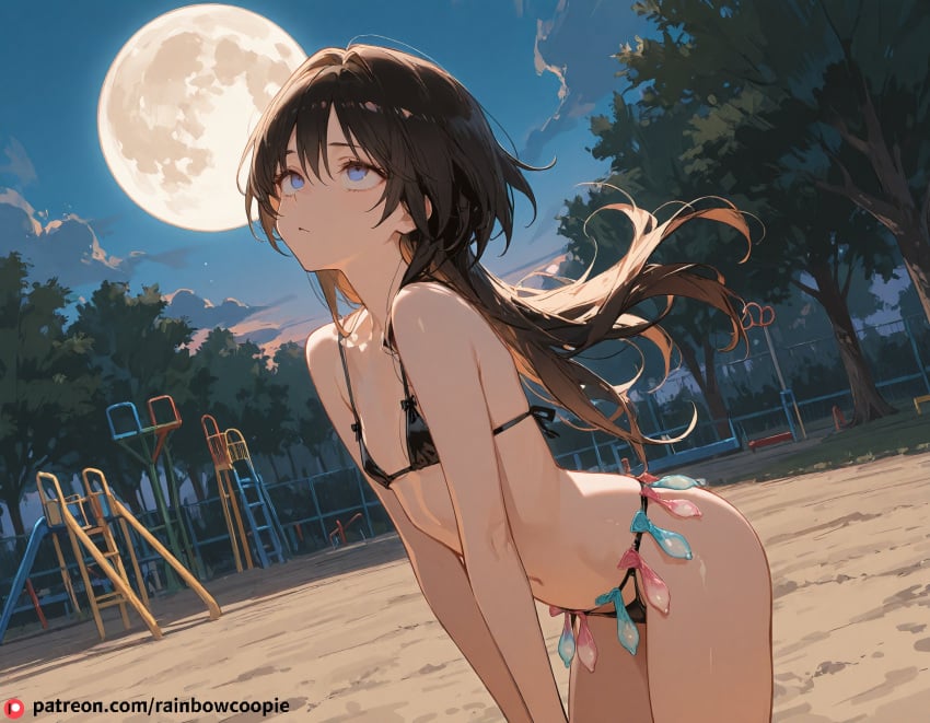 ai_generated beautfiul_background black_hair blue_eyes condom_belt flat_chest flowing_hair full_moon navel playground rolling_eyes stunning_backgroud