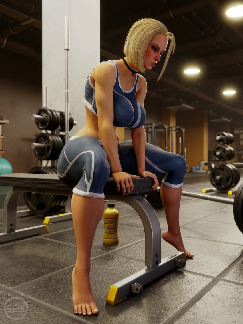 1girls 3d blonde_hair breasts cammy_white feet gym slow_(artist) spread_legs street_fighter toes