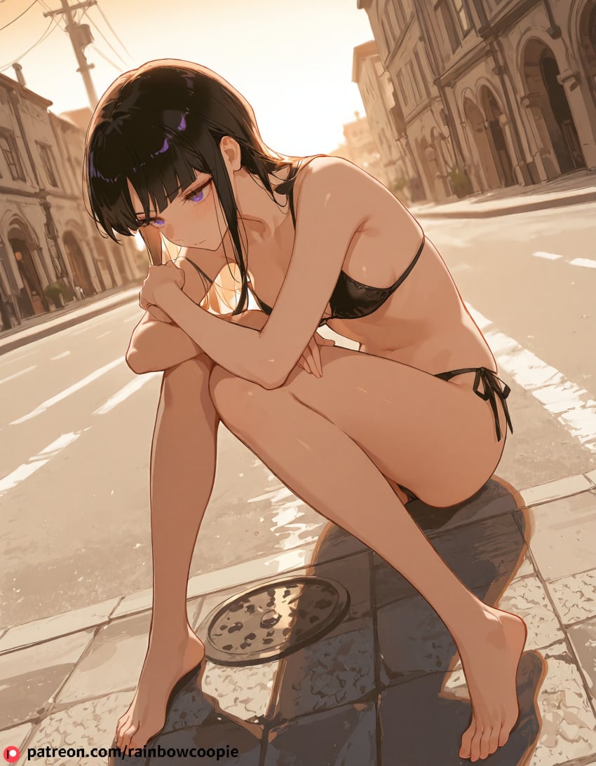 ai_generated beautfiul_background feet_apart flustered knees_together kurotsuchi_nemu road small_breasts stunning_backgroud