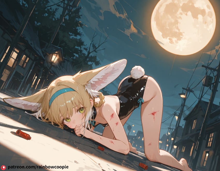 ai_generated animal_ears arknights ass_up bent_over blonde_hair blood bruised bunnysuit flat_chest full_moon green_eyes head_down_ass_up scars suzuran_(arknights) tail wounded