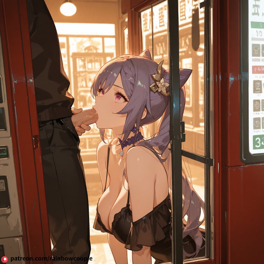 1boy ai_generated beautfiul_background blowjob flickering_streetlights foggy huge_breasts keqing_(genshin_impact) phone_booth stunning_backgroud