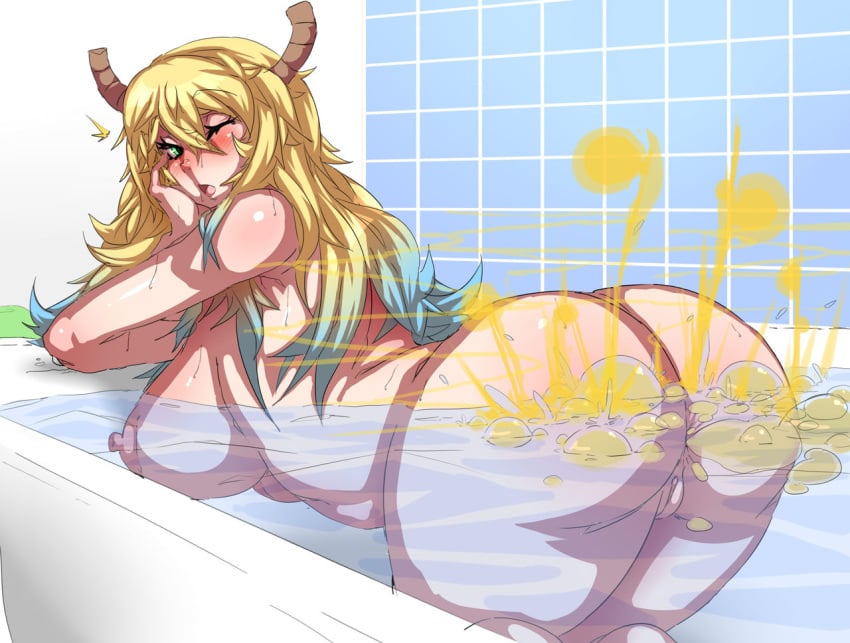 bath bathing bathtub big_breasts fart fart_bubbles fart_cloud fart_fetish lazei lucoa miss_kobayashi's_dragon_maid naked quetzalcoatl_(dragon_maid) sideboob