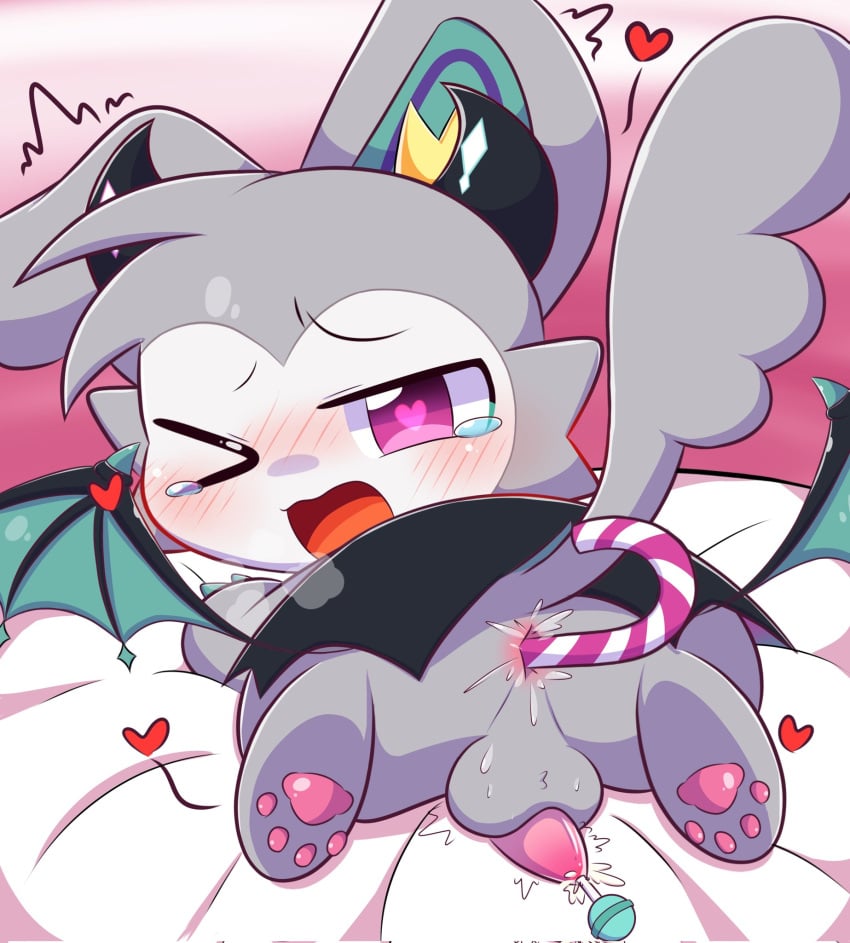 anthro anus bed candy_cane cape chibi crown demon devil_connection devilun digital_media_(artwork) food_insertion furry furry_only gay heart-shaped_pupils heart_symbol horns lagomorph motion_lines open_mouth pawpads small_penis solo tail wings