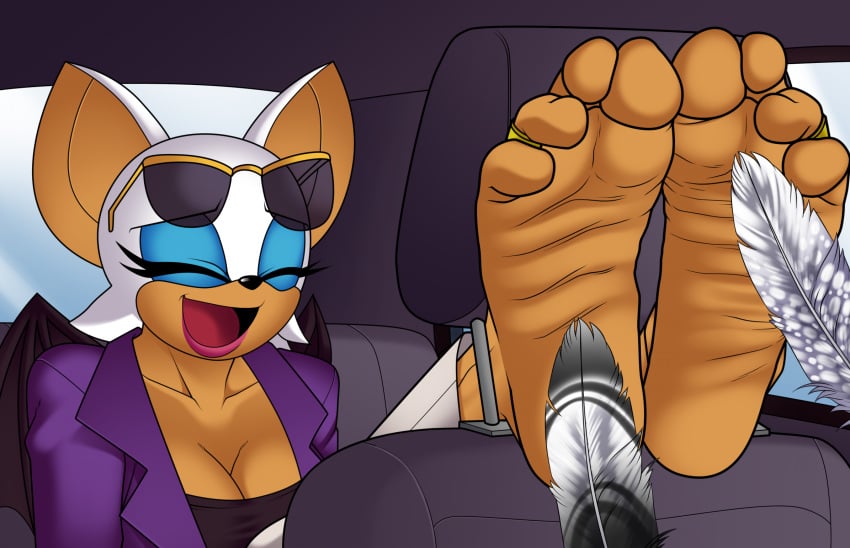 anthro bat bat_wings blue_eyeshadow breasts car car_seat cleavage clothed clothing cyborg-steve eyeshadow eyewear eyewear_on_head feathers feet female hi_res inside_car laugh makeup mammal membrane_(anatomy) membranous_wings open_mouth rouge_the_bat sega sonic_(series) sonic_the_hedgehog_(series) sunglasses sunglasses_on_head the_murder_of_sonic_the_hedgehog tickling tickling_feet vehicle wings