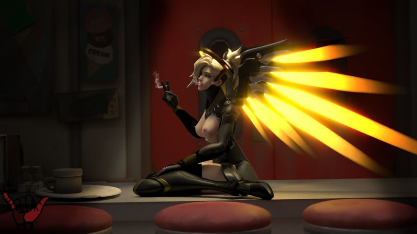 3d big_breasts blender breasts brown_eyes goth mercy overwatch ponytail smoking table thighhighs yokubos