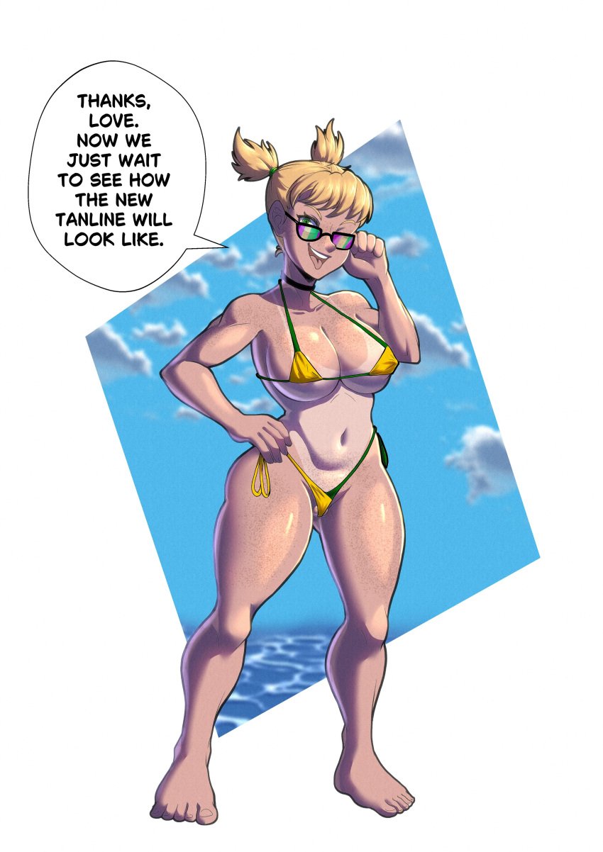 2d beach busty dj_(hellonearthiii) english_text female female_focus female_only full_body hourglass_figure notilustregui outdoors speech_bubble standing tagme text wide_hips