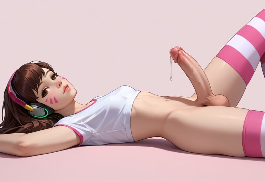 1futa ai_generated balls cum cumdrip d.va erection from_side futa_only futanari jamesbron large_penis legwear long_hair looking_at_viewer lying navel no_panties on_back overwatch partially_clothed penis precum precum_drip small_breasts solo solo_futa striped_legwear thighhighs thighs