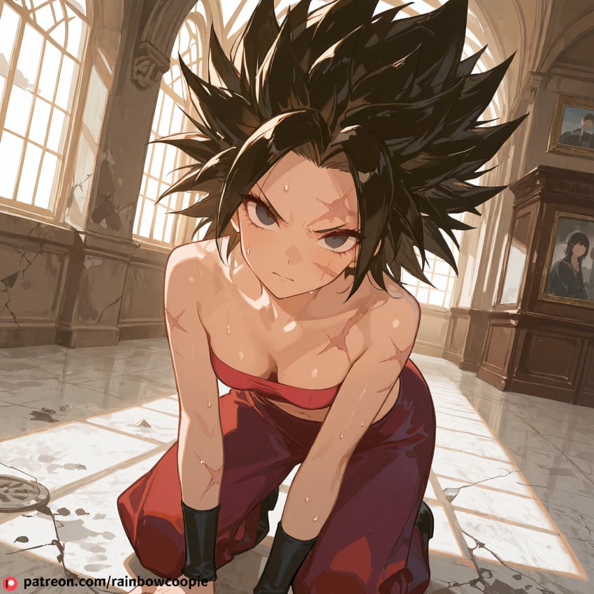 ai_generated angry beautfiul_background bent_over caulifla cracked_walls dirty_floor hair_messy museum scars small_breasts stunning_backgroud sweat_on_forehead