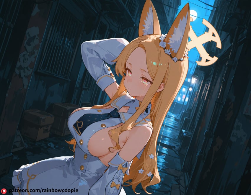 ai_generated beautfiul_background dark_alley flickering_streetlights hand_behind_head huge_breasts moonlight seia_(blue_archive) stunning_backgroud wiping_tears