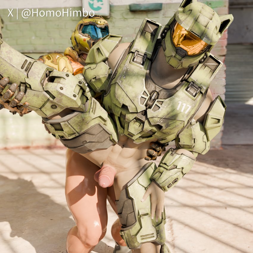 2boys 3d anal anal_sex armor armored_boots armored_male artist_name ass cat_ears doom doom_slayer_(doom) gay gay_male halo halo_(game) halo_(series) homohimbo hunk male male_only master_chief masturbation muscle muscles penis yaoi