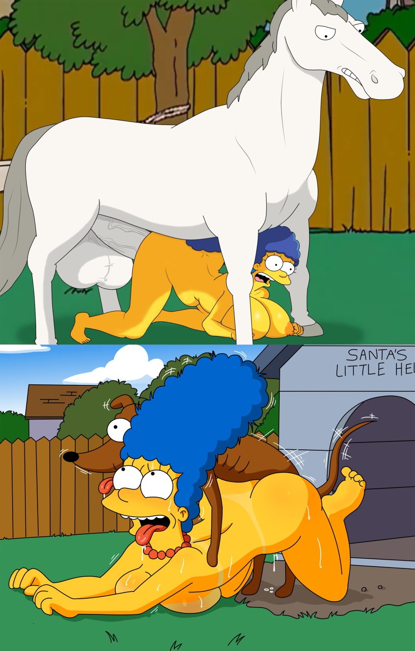 beastiality beehive_hairdo blue_hair canine doggy_style female_penetrated horse marge_simpson outdoors public_sex the_simpsons tounge_out yellow_body yellow_skin