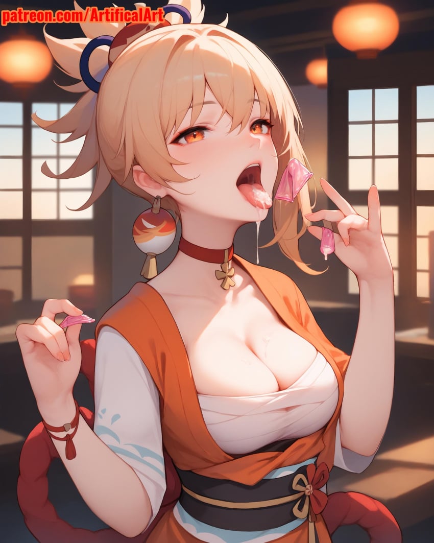 1girls ai_generated artifical_art blonde_female blonde_hair condom cum cum_in_mouth cum_on_tongue genshin_impact girl hair_ornament medium_hair open_mouth orange_eyes perfect_body red_choker semen_in_mouth semen_on_tongue tongue_out used_condom yoimiya_(genshin_impact)