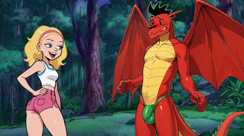 1boy 1girls aged_up american_dragon:_jake_long blonde_hair blonde_hair_female blue_eyes canon_couple couple disney disney_channel dragon dragon_humanoid dragon_tail dragon_wings jake_long pants rose_(huntsgirl) shirt shorts straight tagme teasing thong undieboi22