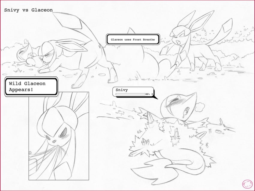 anus blush canine closed_eyes eeveelution english_text female frost_breath_(pokémon_move) gameplay_mechanics glaceon harumi health_bar hud ice mammal nintendo oral pokemon pokemon_(species) pokemon_battle pokemon_move pussy snivy text video_games