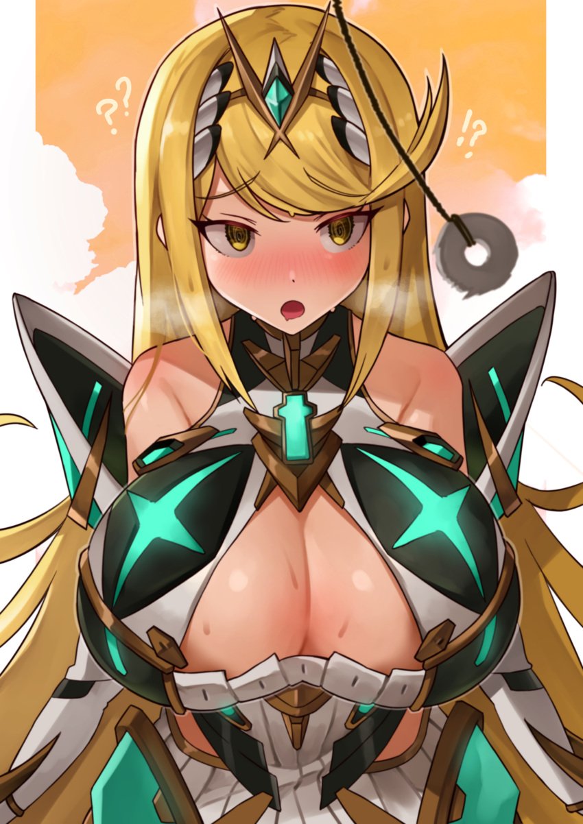 !? 2025 ?? ai_generated bare_shoulders blush blush_lines boob_window core_crystal core_crystal_(xenoblade) huge_breasts hypnosis hypnotic_eyes large_breasts mythra mythra_(xenoblade) oniisan02b open_mouth xenoblade_(series) xenoblade_chronicles_(series) xenoblade_chronicles_2 yellow_eyes yellow_hair yotsuhauni