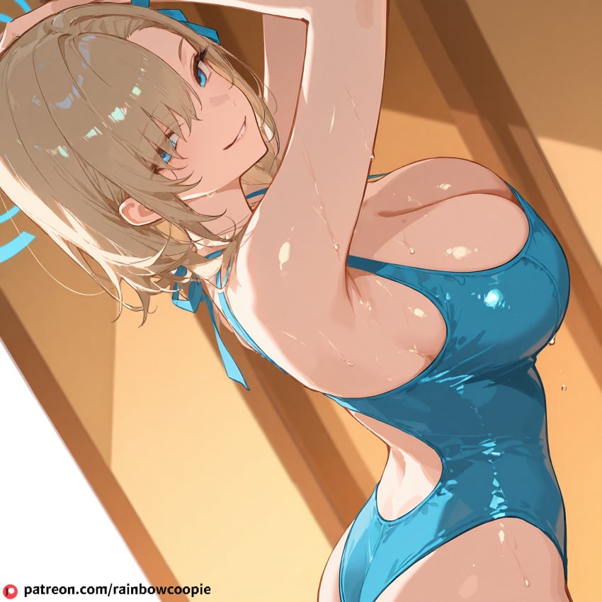 ai_generated arching_back ass_up asuna_(blue_archive) blonde_hair blue_archive blue_eyes breasts halo large_breasts one-piece_swimsuit smirk sweat sweaty_skin